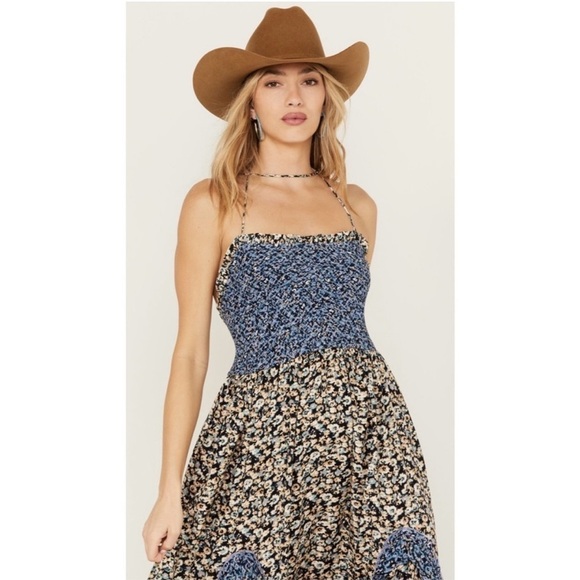Free People One I Love Maxi Dress Denim Blue Floral Ruffle Smock Prairie Boho - Picture 3 of 16